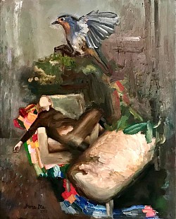 Rotkehlchen und Figur, 2010, Öl auf Leinwand, 100 x 80 cm