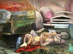 Liegende Frauen und Auto, 2016, 60 x 80 cm, Öl auf Leinwand