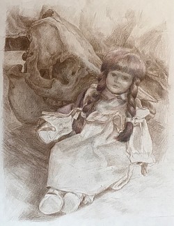 Puppe und Schädel, 2025, Buntstift auf Papier, 30 x 25 cm