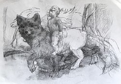 Fuchs und Puppe mit Schädel, 2025, Bleistift auf Papier, 20 x 30 cm