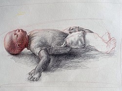 Puppe, liegend, 2021, Bleistift und Buntstift auf Papier, 30 x 20 cm