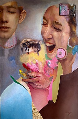 Spiel, 2024, Öl und Collage auf Leinwand, 120 x 80 cm