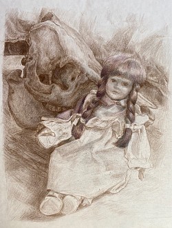 Puppe und Schädel, 2025, Buntstift auf Papier, 30 x 25 cm