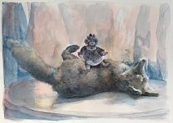 Fuchs und Puppe, 2025, Aquarell auf Papier, 40 x 30 cm