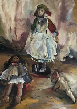 Puppen und Stofftier, 2025, Öl und auf Leinwand, 70 x 50 cm