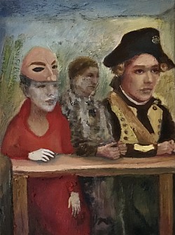 Drei verkleidete Menschen, 2023, Öl auf Leinwand, 40 x 30 cm