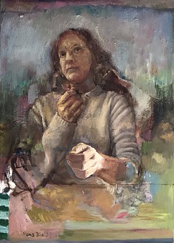 Portrait nach oben blicknd, 2021/25, Öl auf Leinwand, 70 x 50 cm